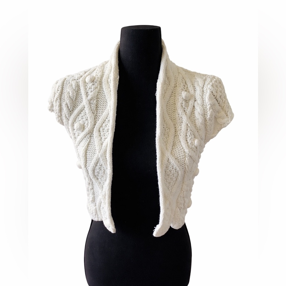 Free People Ivory Cable Knit Cropped Short-Sleeve Cardigan